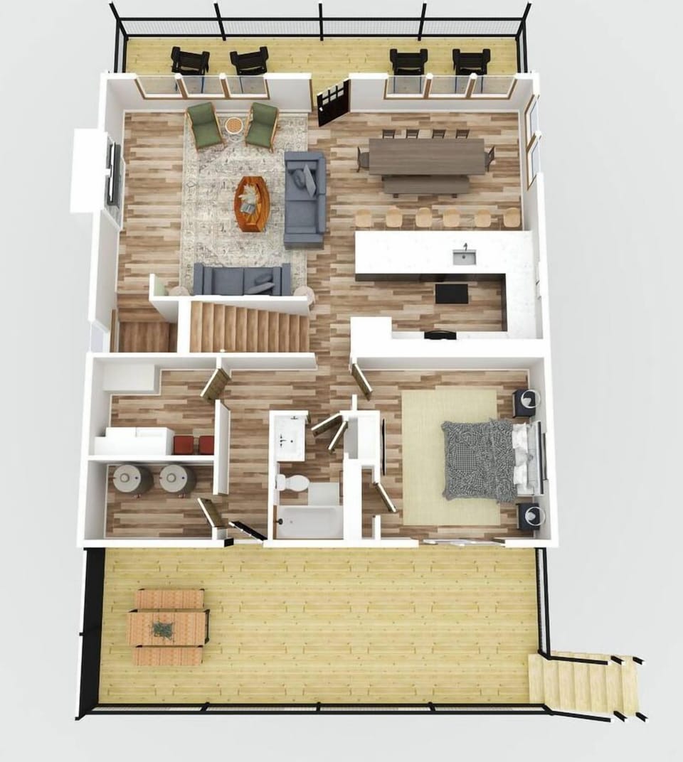 3D Floorplan of the main level of the cabin.