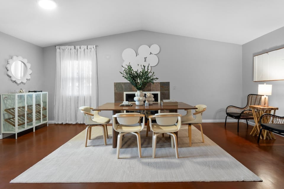 Dining area with a functional cocktail bar, and a functional indoor fireplace