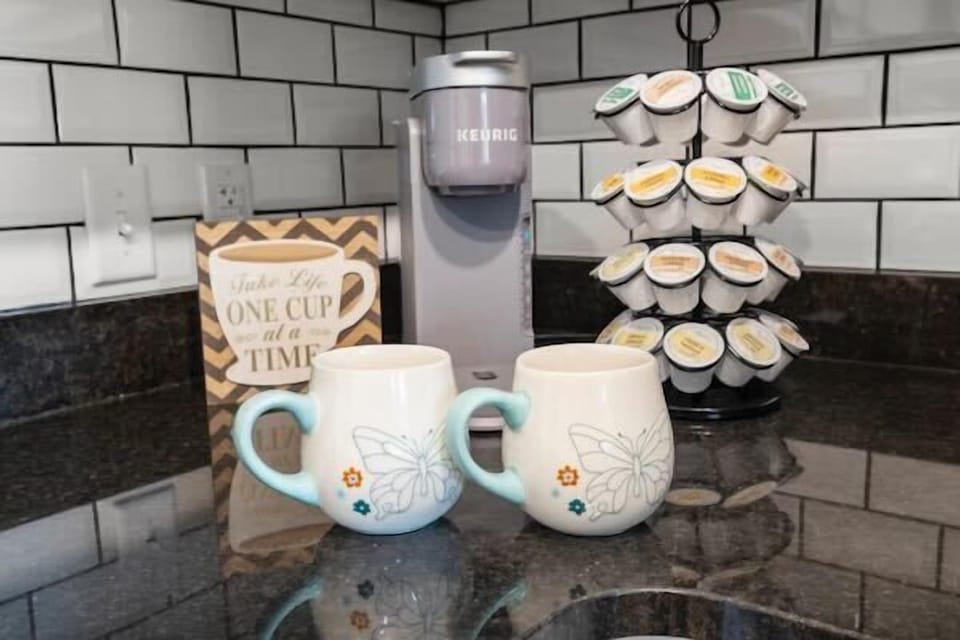 Our coffee bar includes a Keurig coffee machine and a good assortment of Kcups for you to enjoy!!