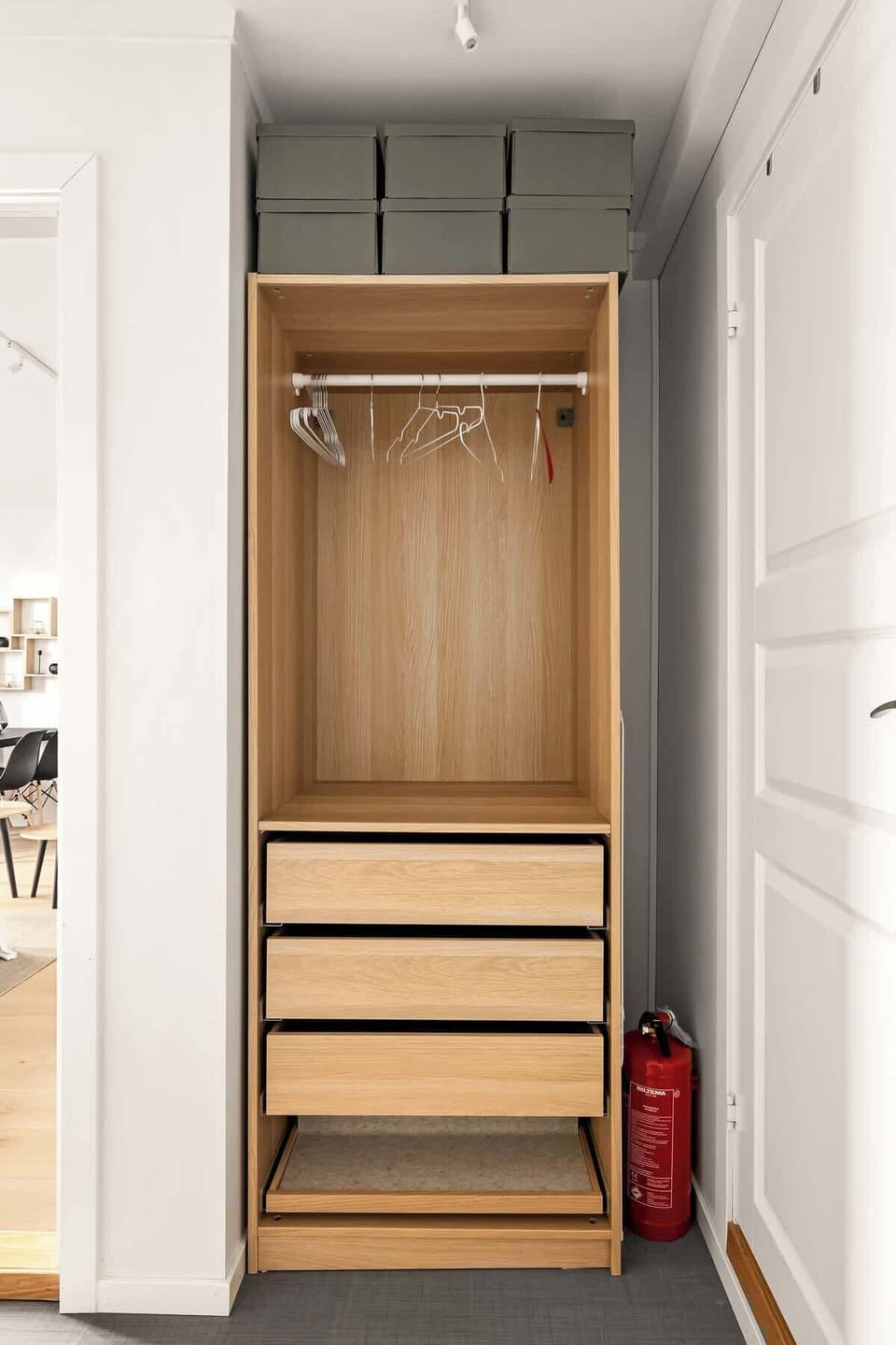 Wardrobe space and hangers are provided in the apartment's hallway for your convenience. Additionally, we have an umbrella available for those rainy days.