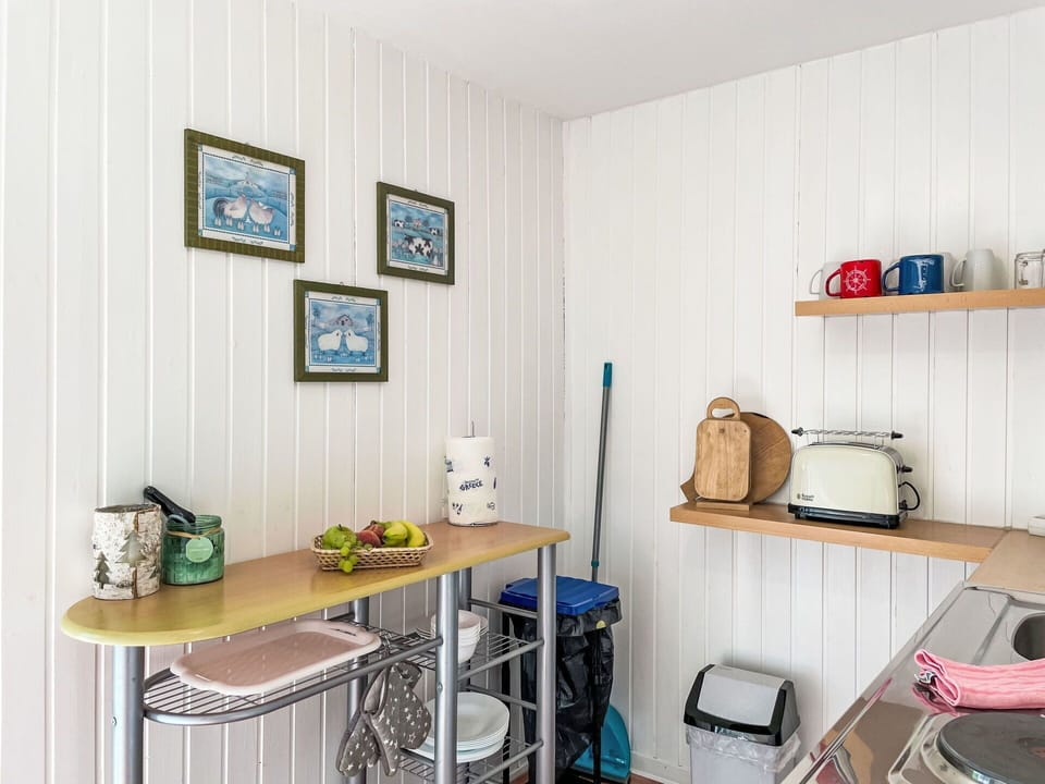 Interior Design, Furniture, Room, Kitchen, Paint, Kitchen Appliance, Shelving, Wood Stain, Countertop