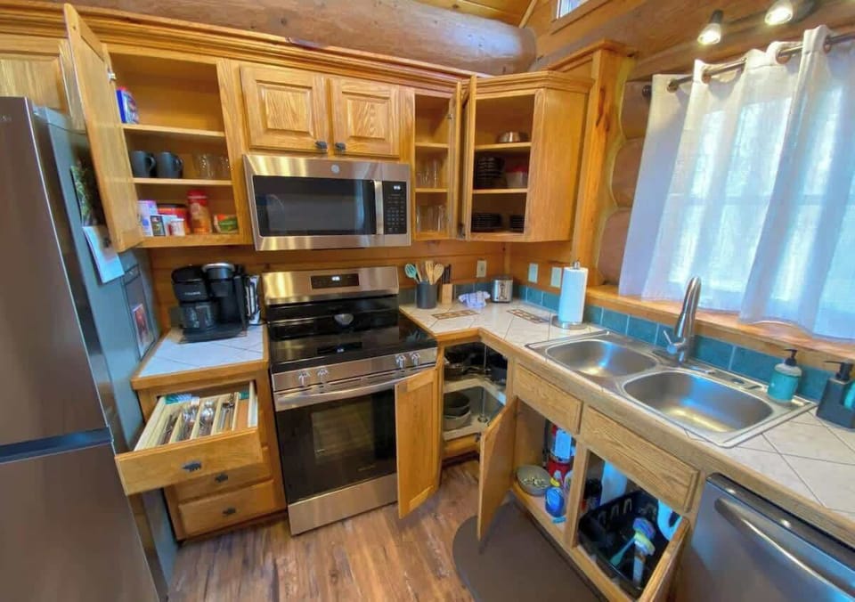 The kitchen is well stocked. There's even more that we couldn't fit into this photo.