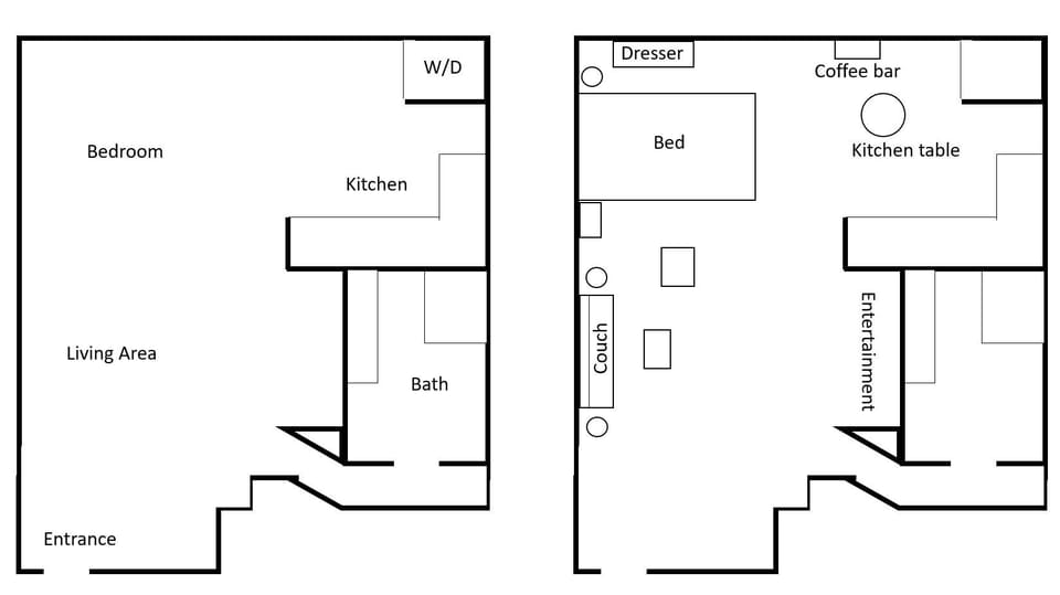 Full floor plan of spaces (left) and furniture placement (right).
