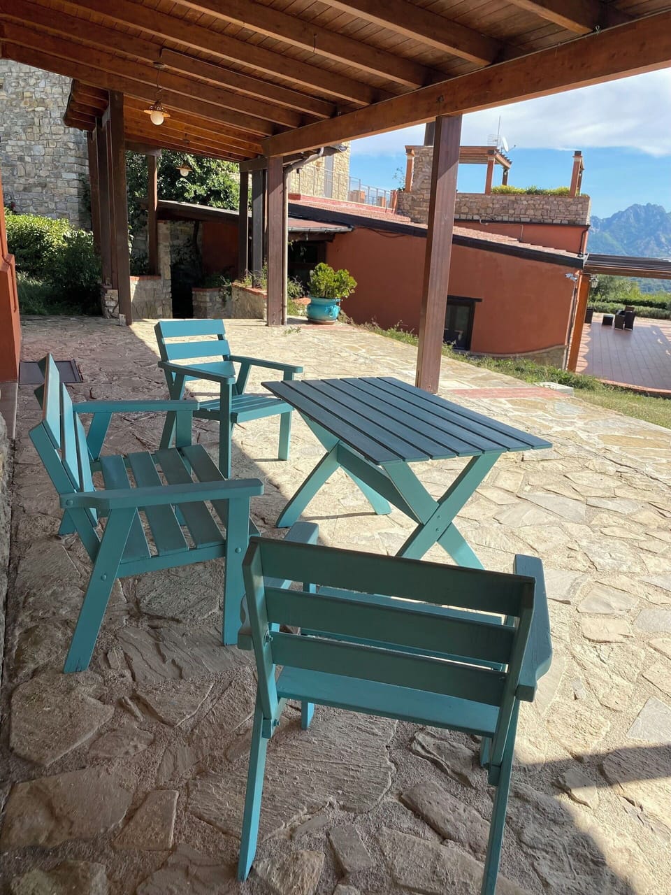 Furniture, Outdoor Furniture, Wood, Chair, Table, Outdoor Table, Shade, Wood Stain, Hardwood, Patio