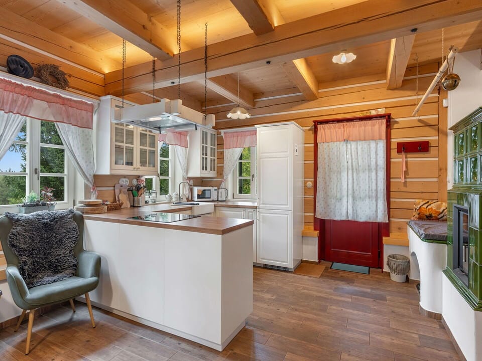 Interior Design, Flooring, Wood, Furniture, Ceiling, Kitchen, Floor, Cabinetry, Wood Flooring, Home