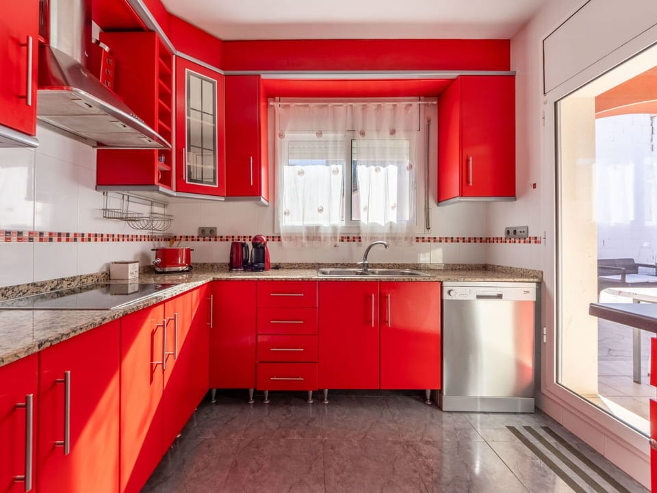 Kitchen, Red, Flooring, Cabinetry, Countertop, Interior Design, Kitchen Appliance, Floor, Major Appliance, Furniture
