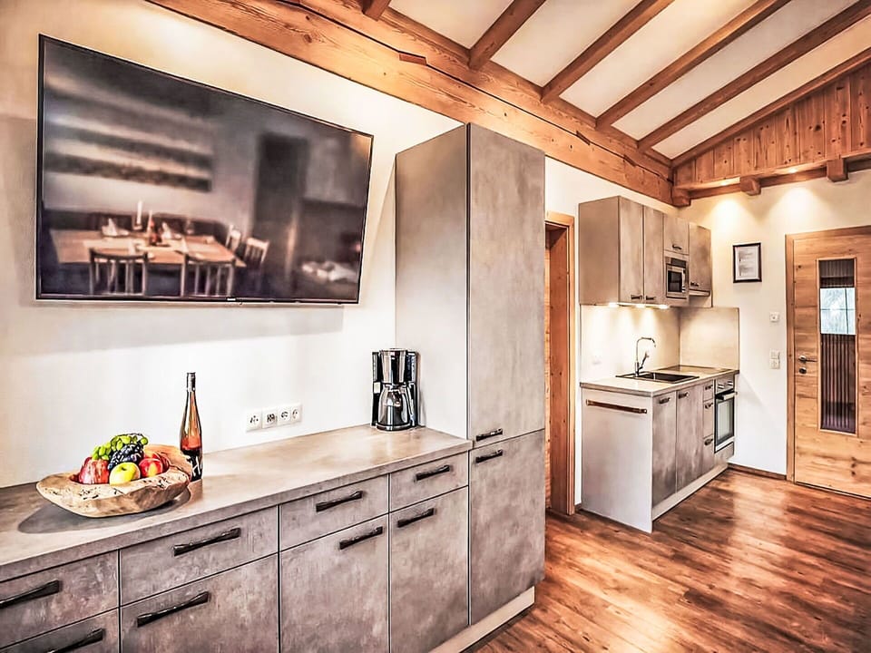 Interior Design, Furniture, Ceiling, Room, Kitchen, Wood Stain, Hardwood, Wood Flooring, Countertop, Natural Material