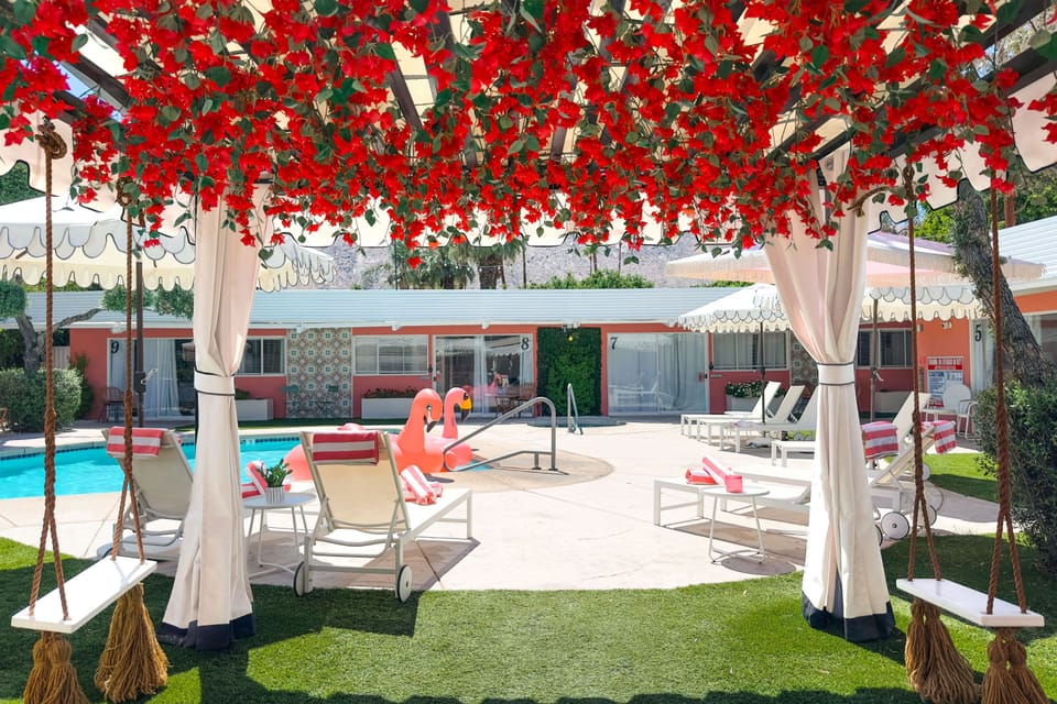 Relax by the pool in our charming courtyard, surrounded by vibrant bougainvillea, warm desert sunshine, and a peaceful, inviting atmosphere. 