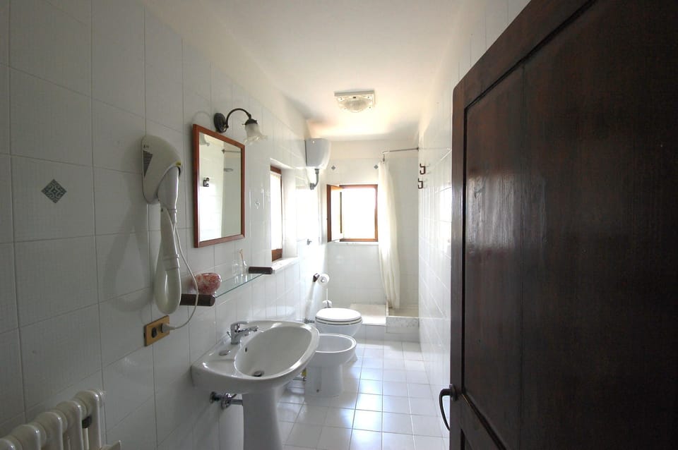 The bathroom has a shower