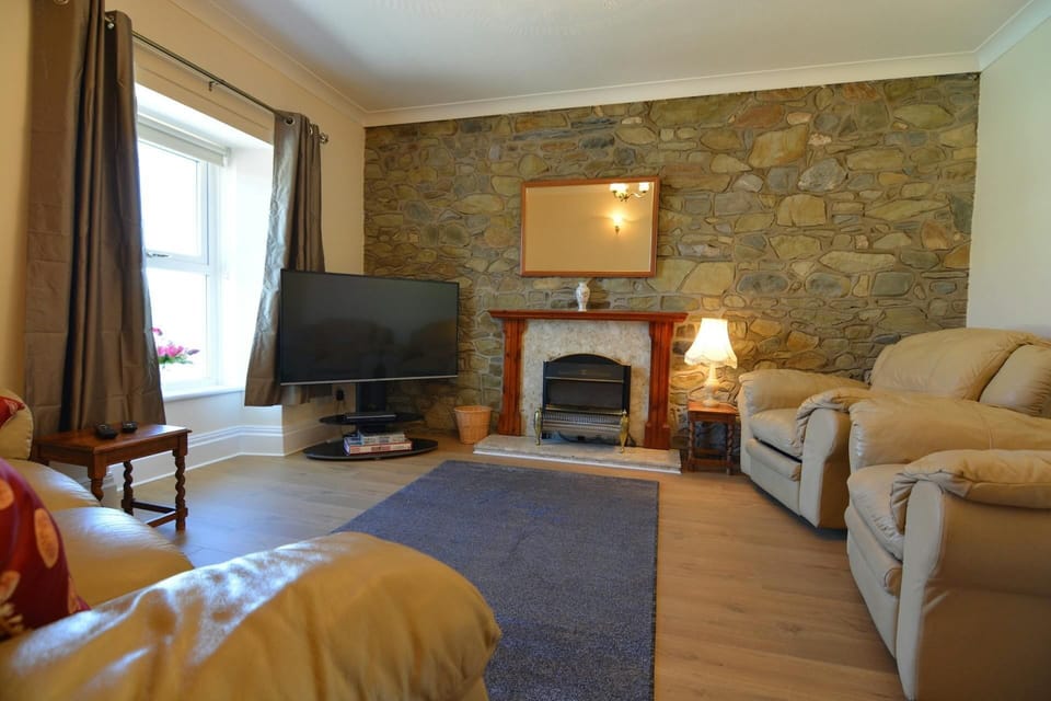 3-seater leather sofa, 2 electric leather armchairs, TV, lamp and fireplace