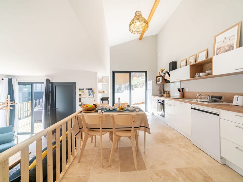 Furniture, Cabinetry, Table, Countertop, Picture Frame, Chair, Kitchen, Orange, Wood, Interior Design
