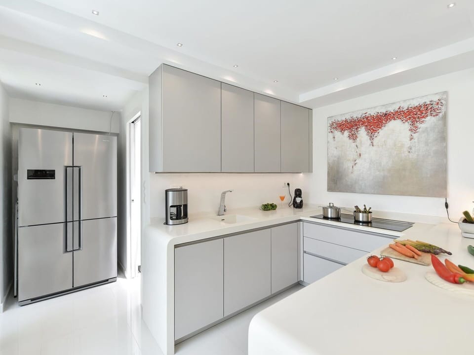 Cabinetry, Property, Countertop, Interior Design, Building, Floor, Kitchen, Flooring, Material Property, Shelving