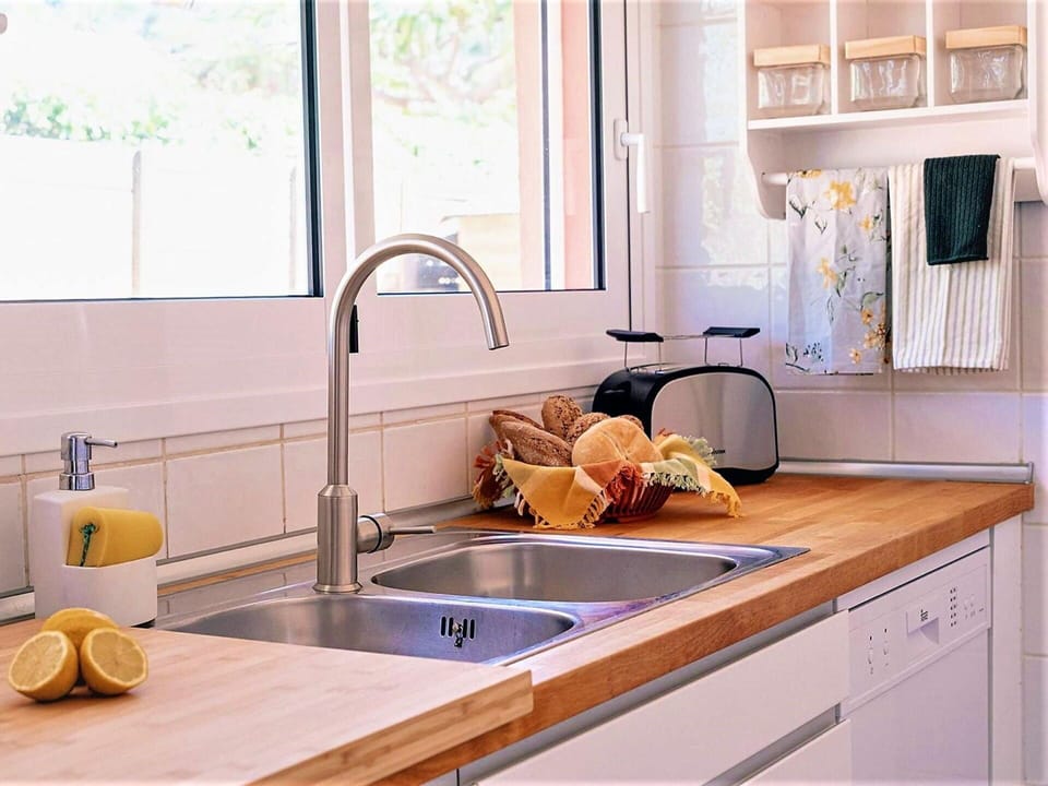 Tap, Kitchen Sink, Sink, Plumbing Fixture, Property, Countertop, Cabinetry, Window, Kitchen, Purple