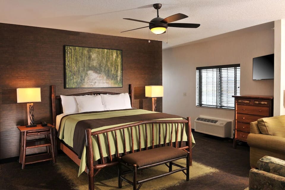 Sink into crisp linens and drift off in rustic comfort.
