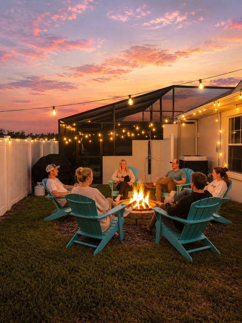 Pull chairs around the fire pit at dusk and let the pink sunset sky set the mood for the night.