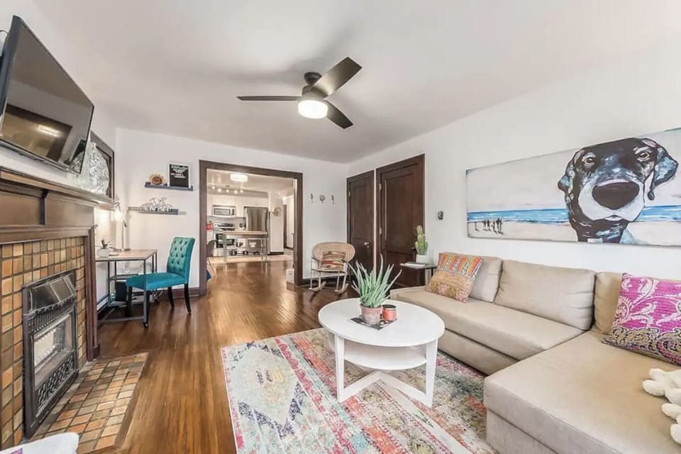 The open concept living room allows for connection to dining room and kitchen. 