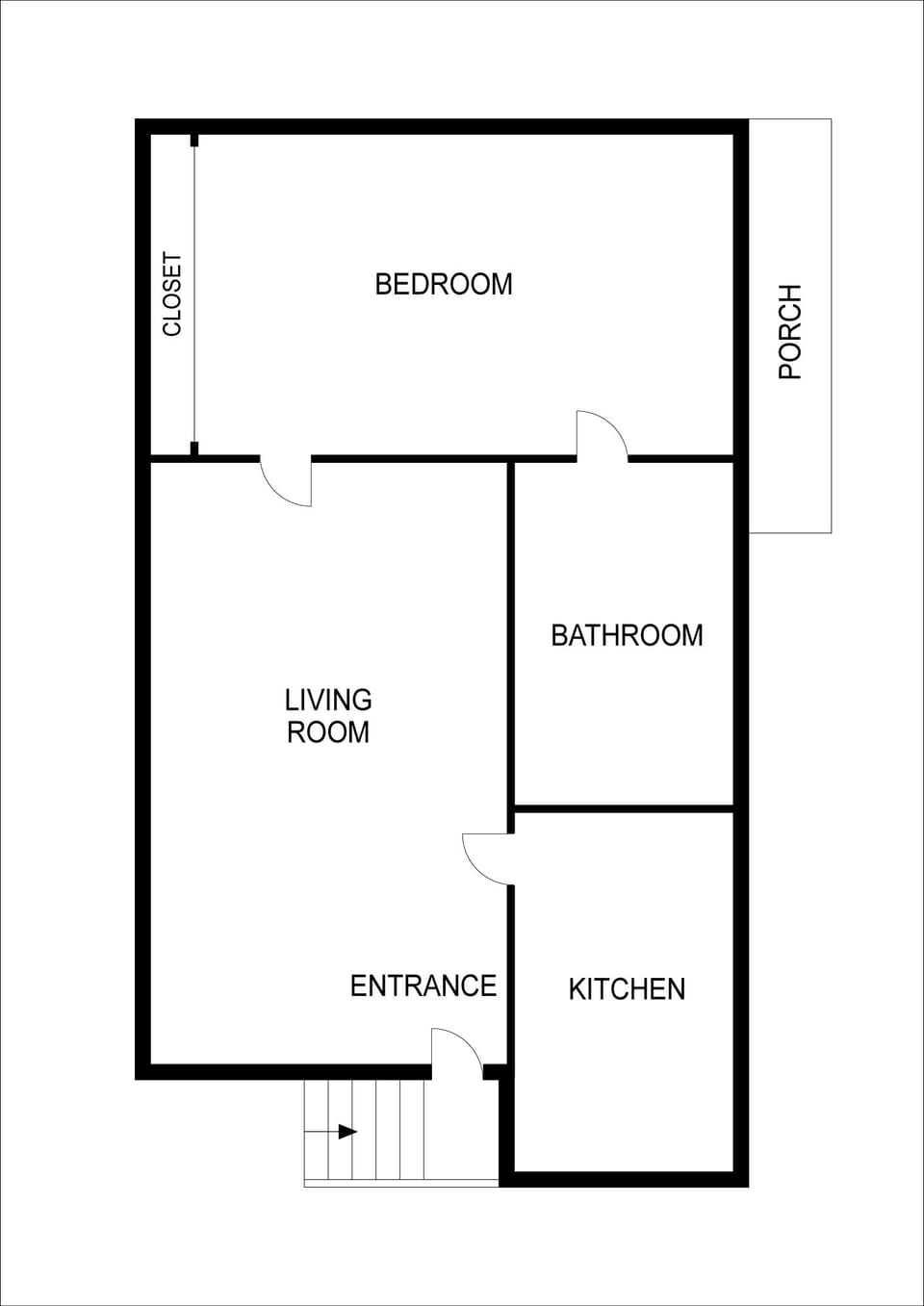 Floor plan layout showing the arrangement of the living room, kitchen, entrance and bathroom for easy orientation.