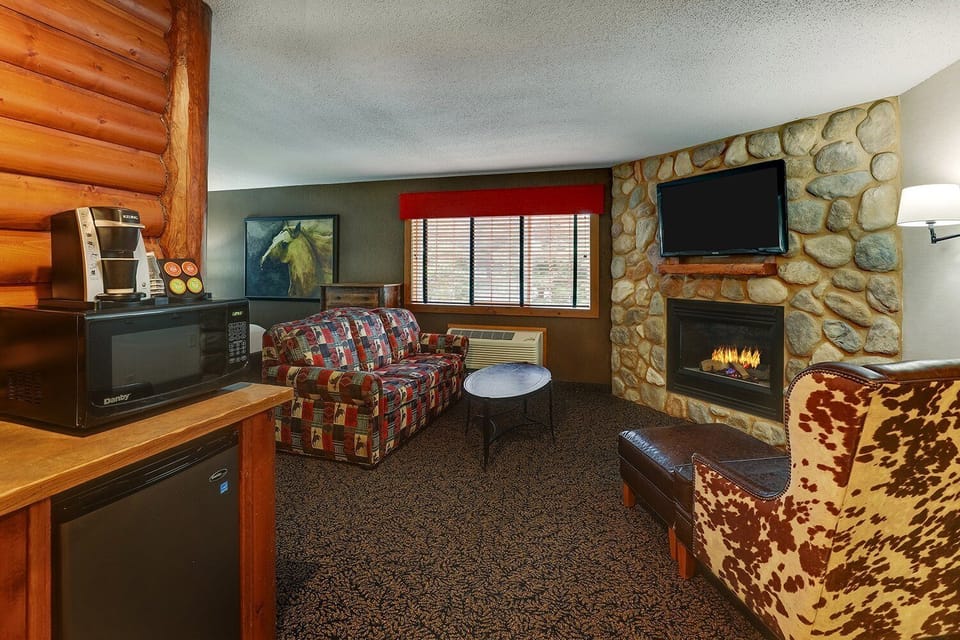 Sip morning coffee while the fireplace sets a calm mood.