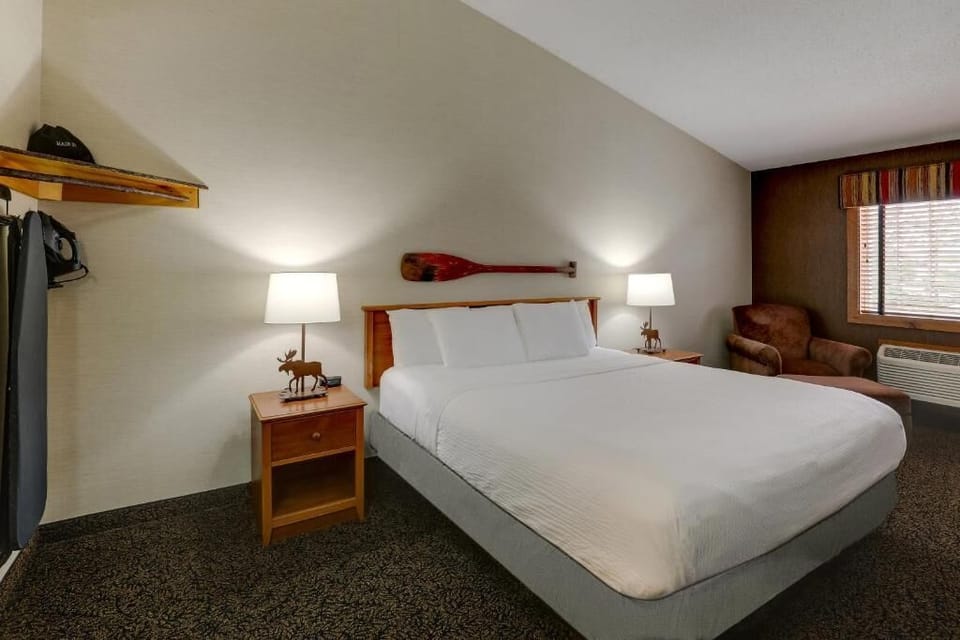 Drift off comfortably with soft lighting and rustic accents.