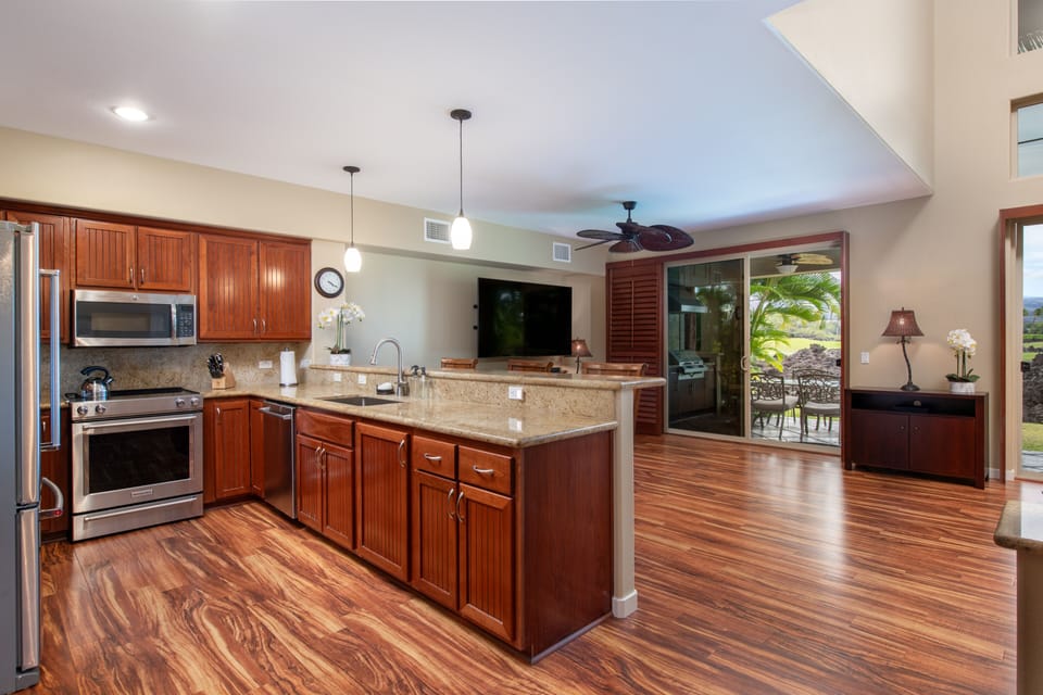 Fully equipped kitchen allows the chef to be part of the party.