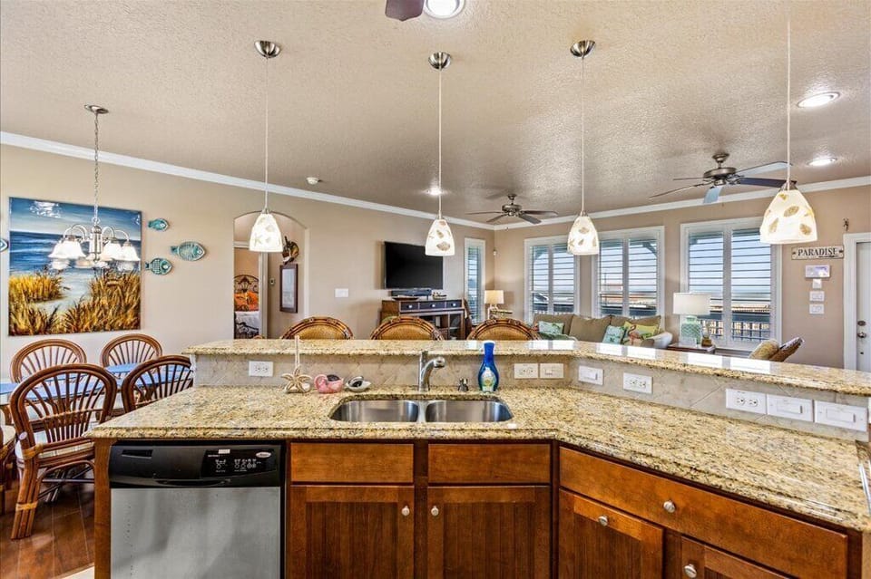 View from the kitchen showing the open layout that extends into the living area.