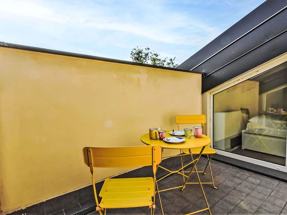 Furniture, Table, Sky, Cloud, Building, Wood, Shade, House, Yellow, Chair