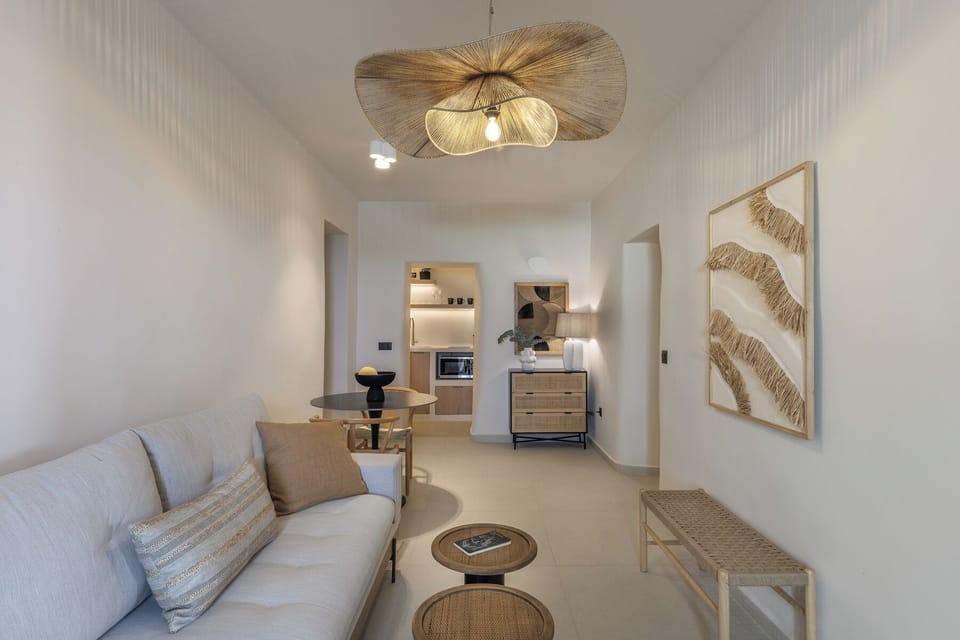 Living room with sofa and coffee table. Kitchen on the back