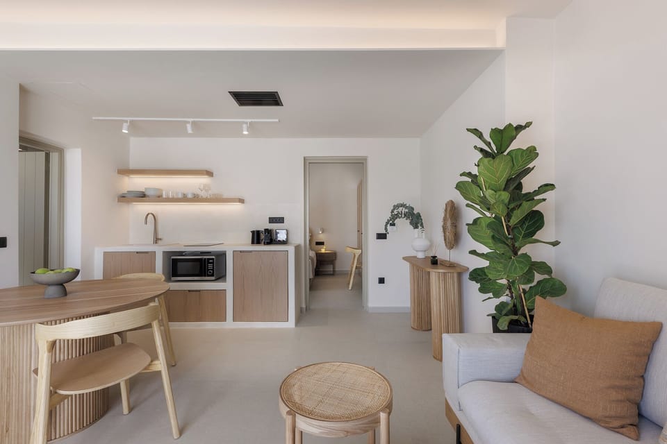 Living room with sofa bed, kitchen and dinning table