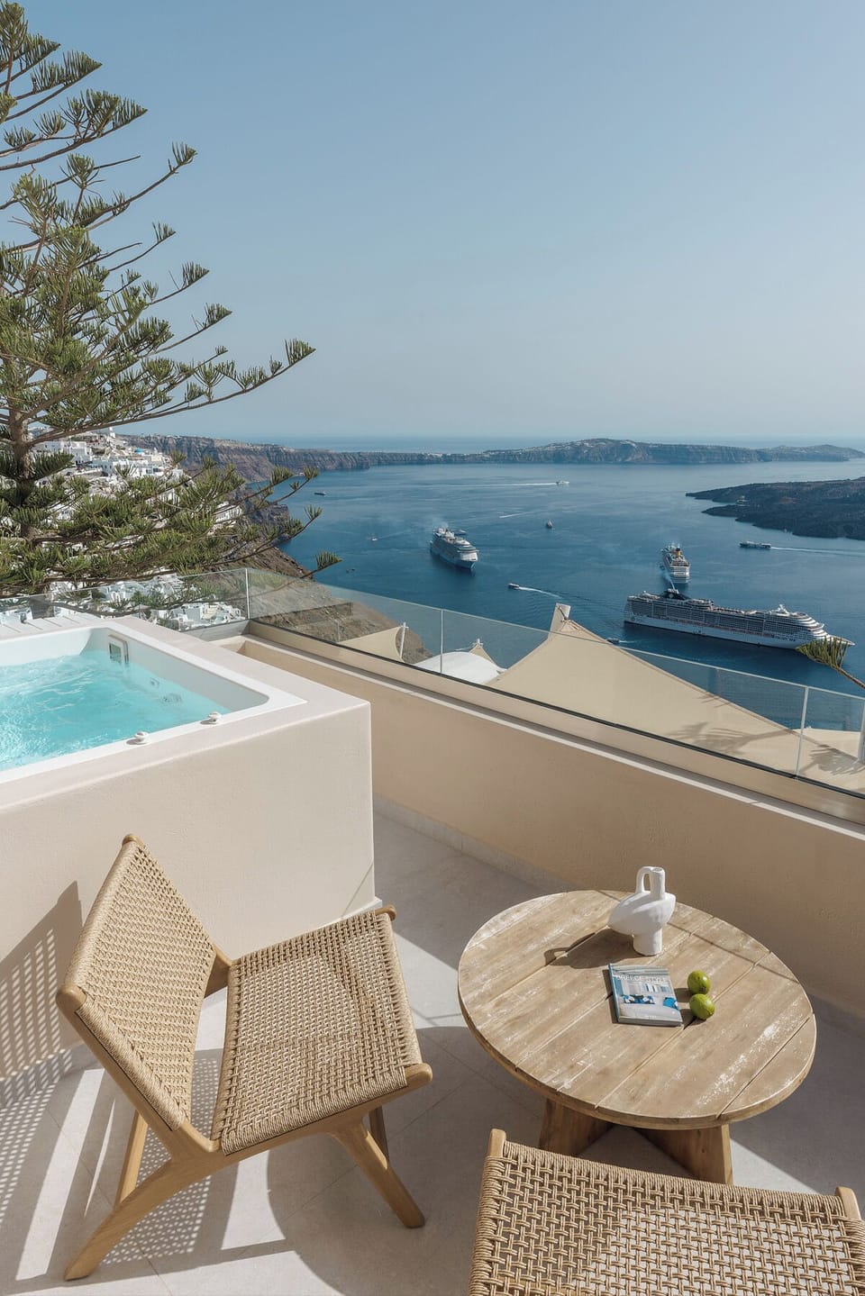 View from the balcony to the famous volcano of Santorini