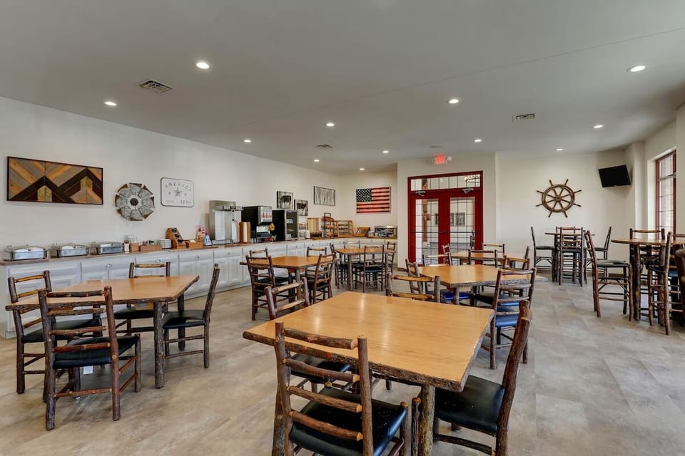 Gather for hearty meals in this bright, casual dining space.