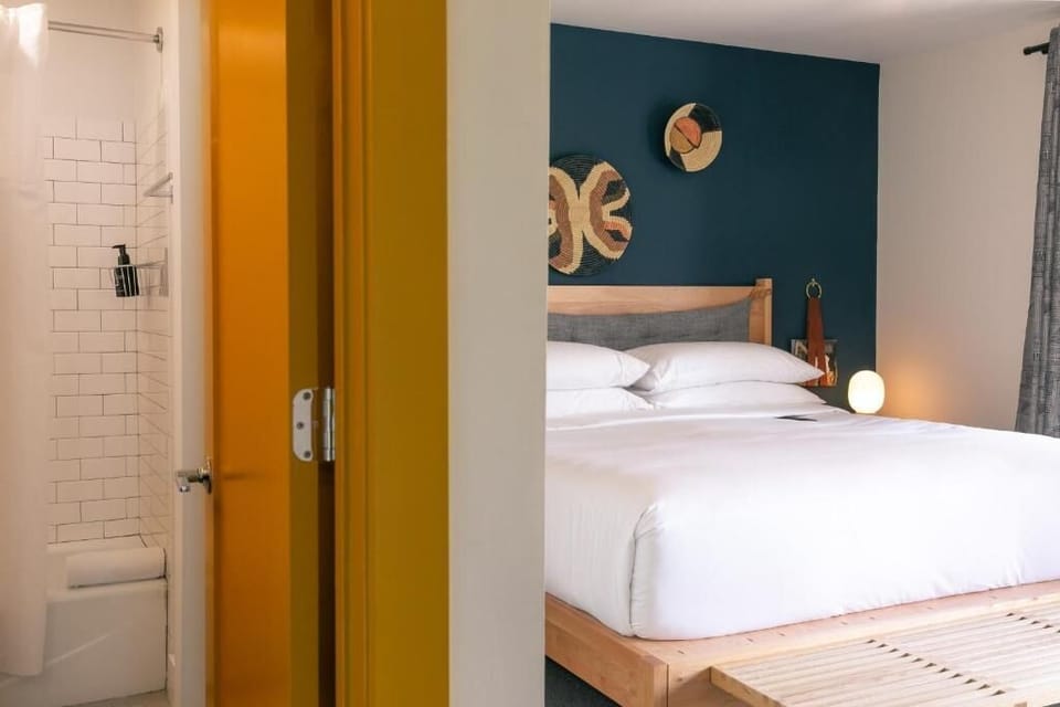 Stretch out in a bright, airy bedroom with modern touches.