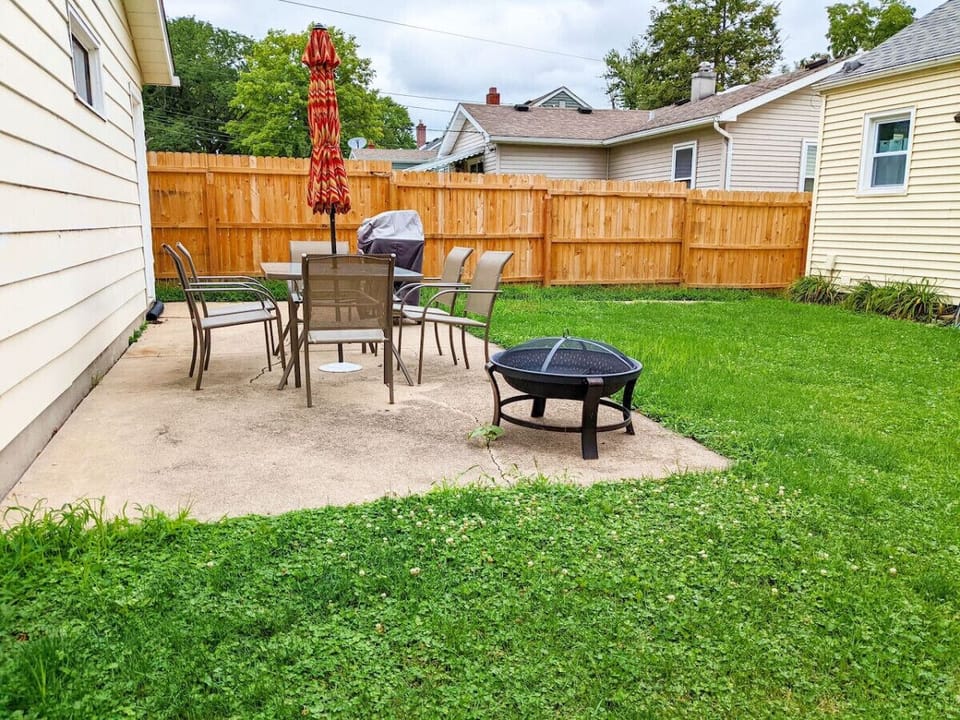 Backyard grill, fire-pit, and furniture