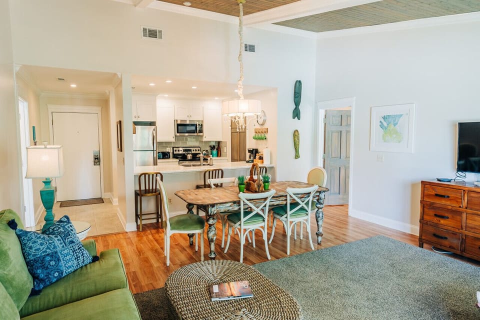 Spacious and cozy living room with vaulted ceilings