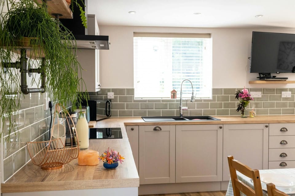 Kitchen floor cabinets, milk vase of flowers, plants, sink, TV on the wall