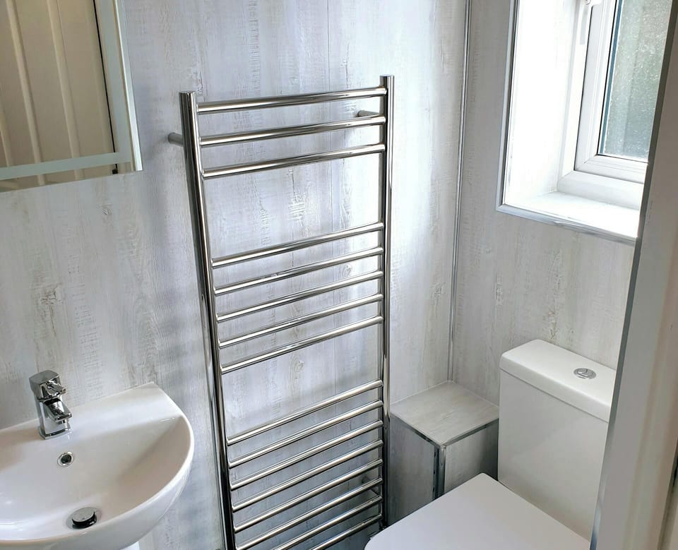 Bathroom with wash basin, toilet and heated towel rail