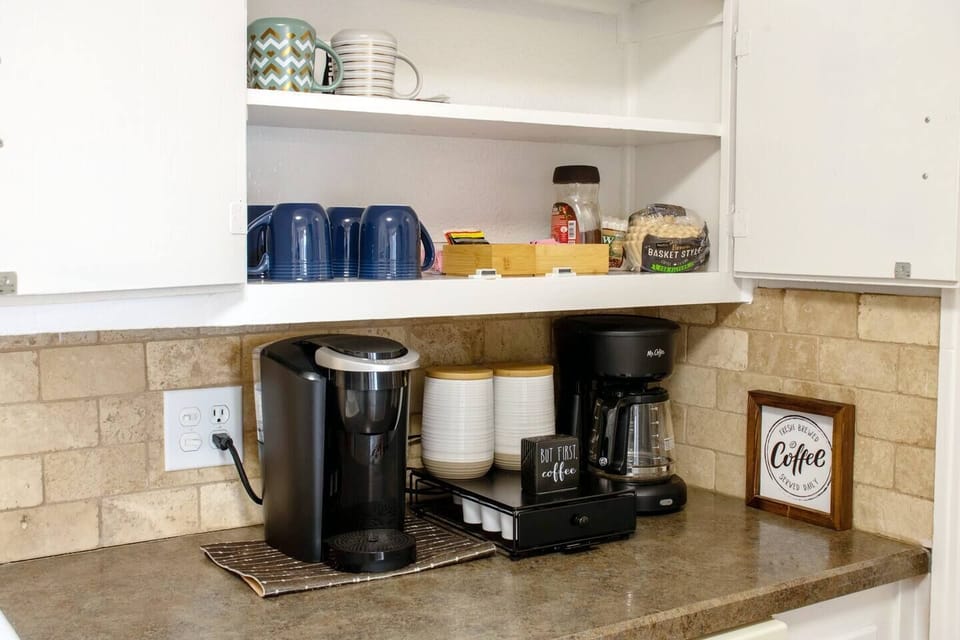 Complete coffee station with tea, decaf, and coffee.