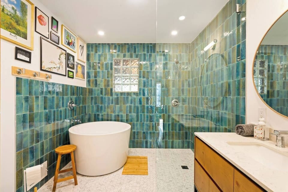 Main Bathroom - Handmade Blue Tile, Wooden Vanity, Walk-in Shower w/Japanese Soaking Tub, Gallery Art Wall and Bluetooth Speaker Fan