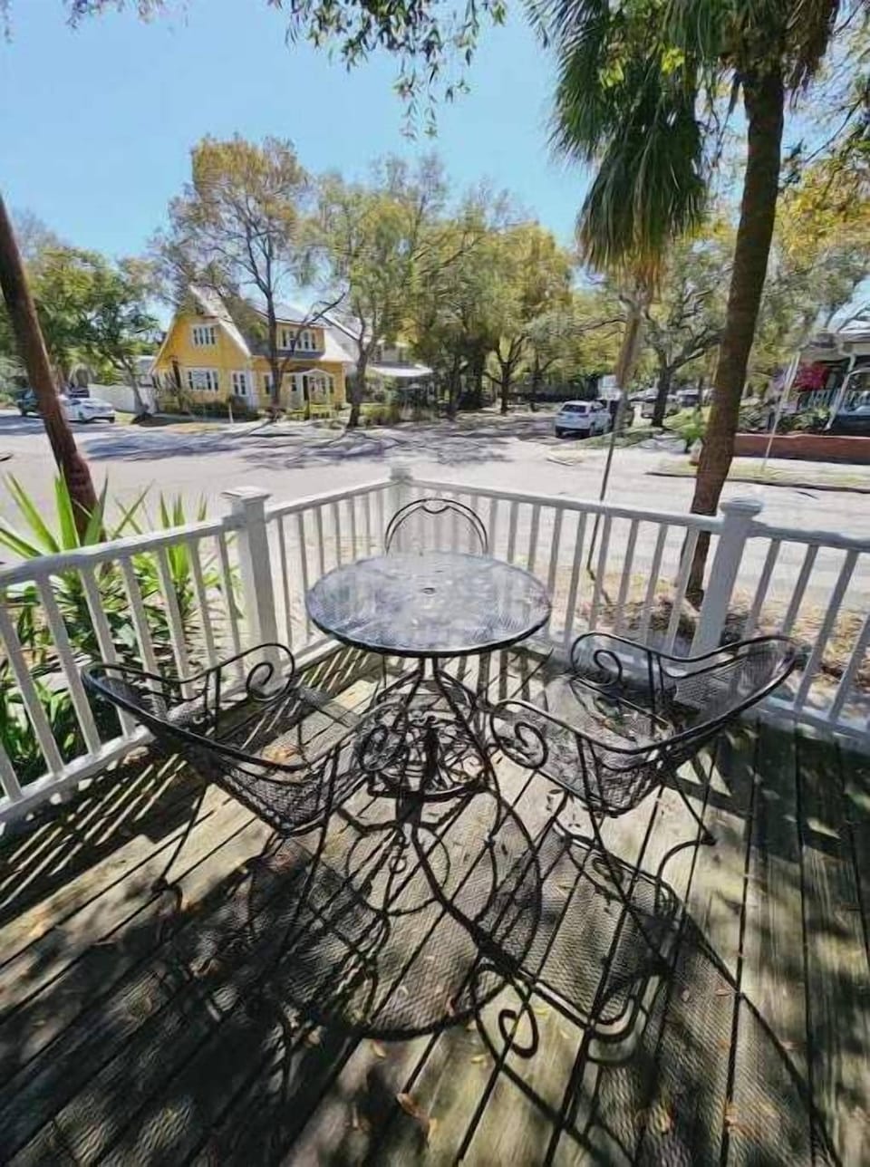 Shared patio space in front of the building.