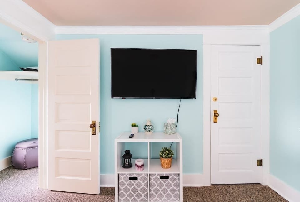TV and closet across from the Queen bed.
