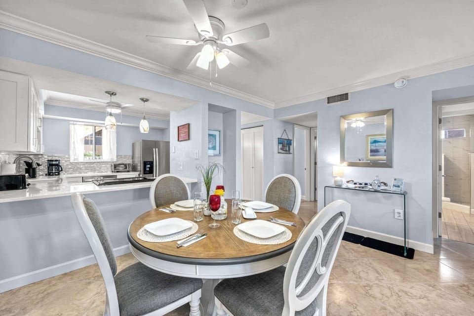 Open concept provides variations in seating arrangements for formal dinners to family game nights.