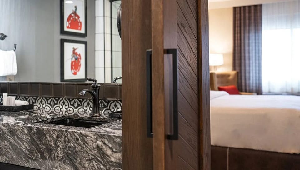 Get ready with a sleek vanity and bright mirror lighting.