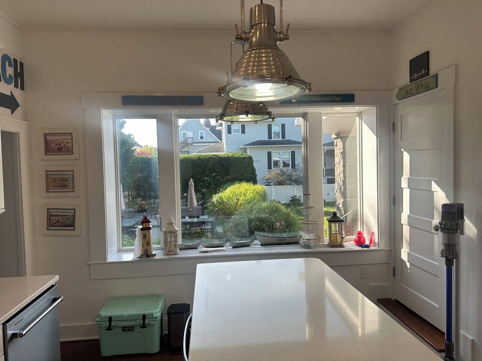Kitchen Island overlooking patio and garden 