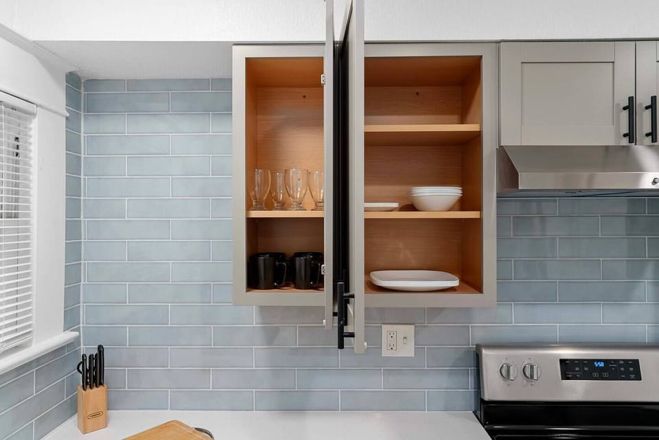 modern kitchen with gray cabinets