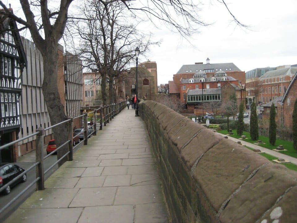 Chester city wall beside Roman Garden and Park Street 
