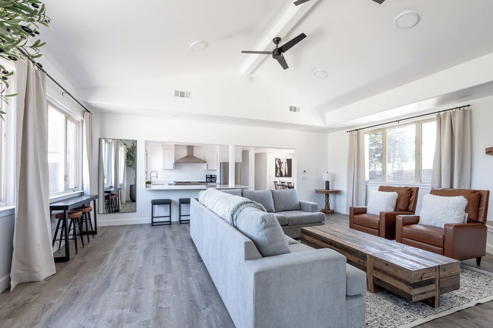 Living Room with Sofa Sleeper, fireplace, 75" Smart TV