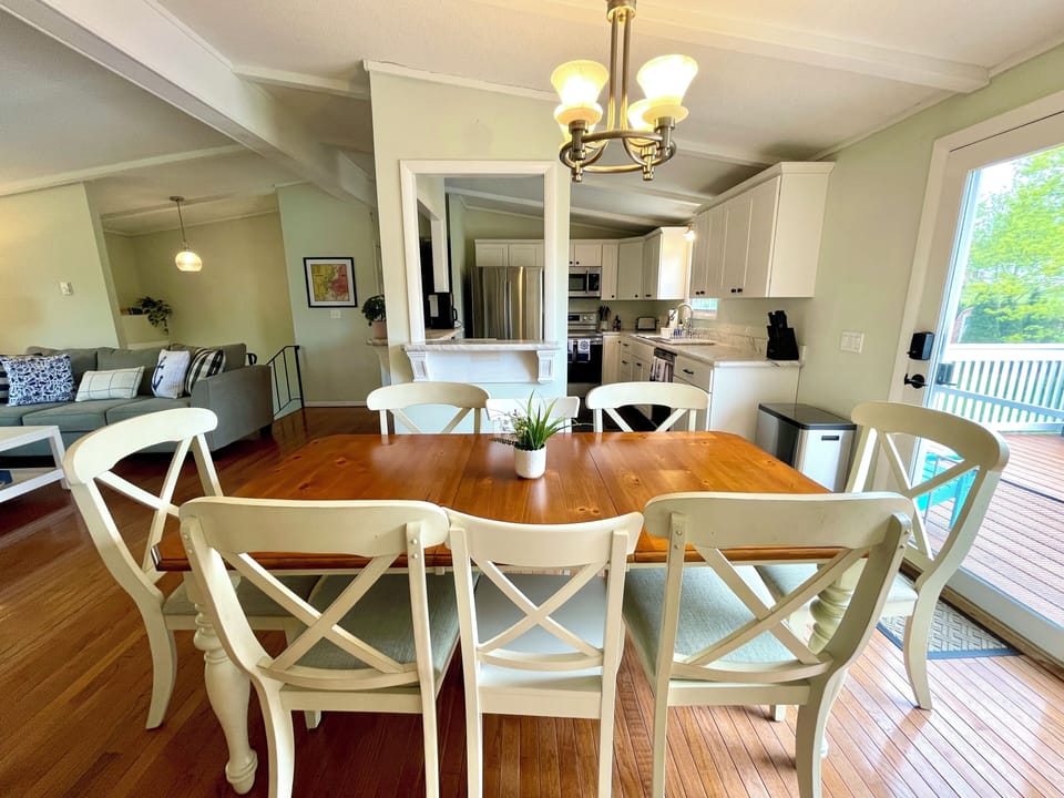 Dining table seats 8 comfortably.