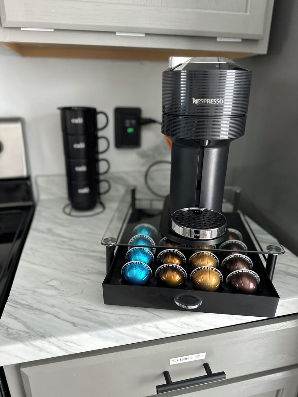 We've stocked 4 pods of each flavor for the Nespresso machine for you to enjoy