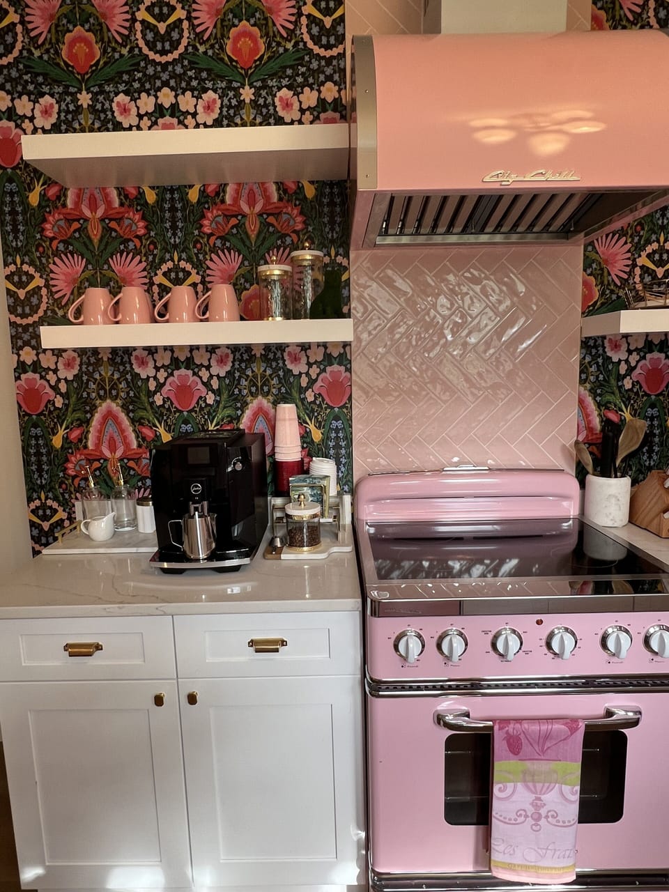 Pink retro appliances and espresso machine
