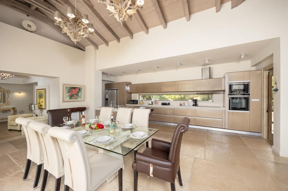 Open-plan living room with sofas, dining area, kitchen, ornamental fireplace, A/C, WiFi internet, and satellite TV