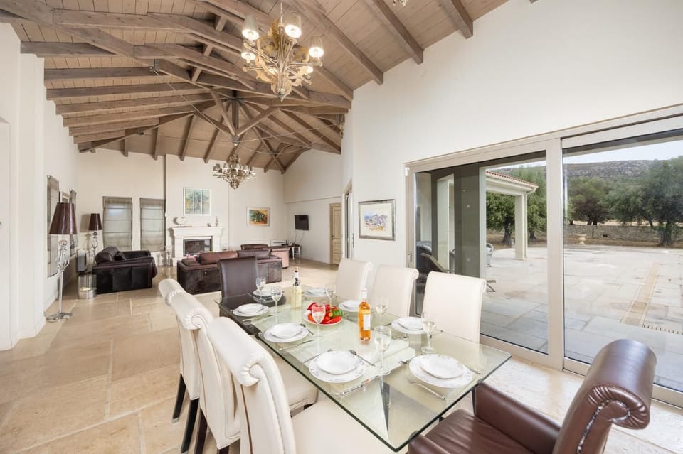 Open-plan living room with sofas, dining area, kitchen, ornamental fireplace, A/C, WiFi internet, and satellite TV